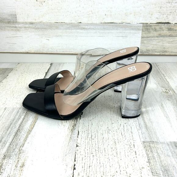 BP Women’s 10 Naomi Black Faux Leather Clear Block Heel Slip-On Sandals NEW - Picture 3 of 8
